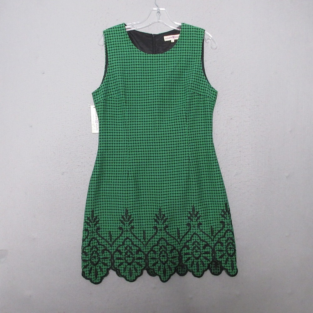 Altard State Dress L Green Black Geometric Scalloped Embroidered Mini Retro NWT